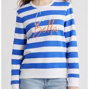 Caslon Blue and White Striped Embroidered Graphic Ciao Bella Sweatshirt